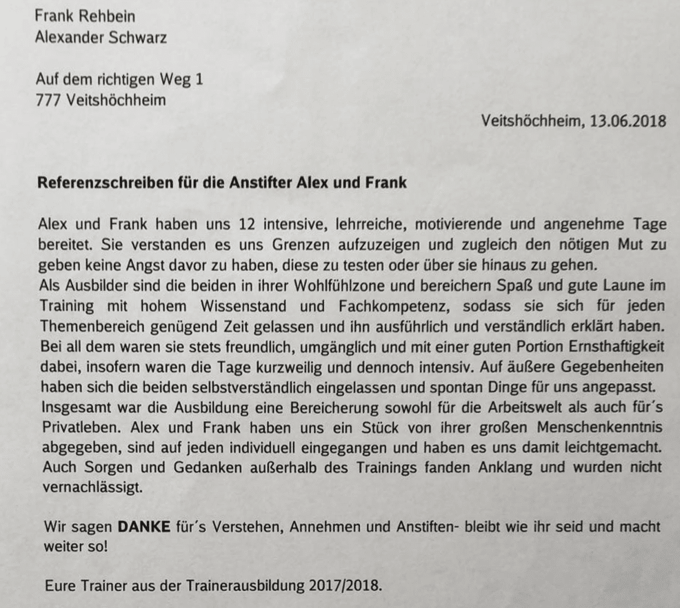Train the Trainer Referenzschreiben für die Trainer Zertifikat für Alexander Schwarz und Frank Rehbein von den Teilnehmern